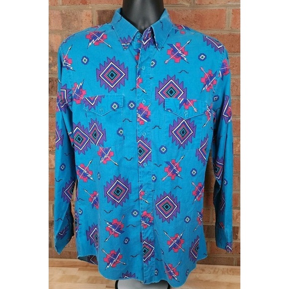 Wrangler Other - Wrangler Brushpopper Shirt Size XL 16.5 34 Blue Aztec Cowboy Western Southwest